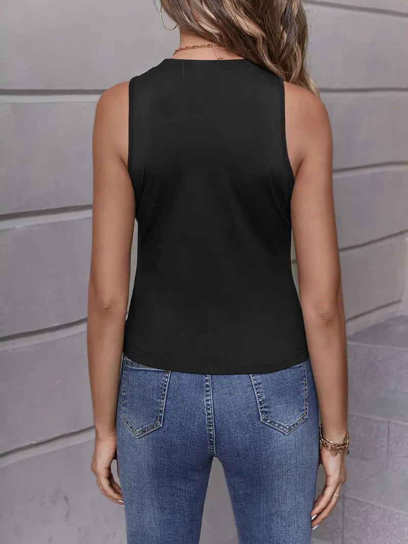 Mesh Solid Crew Neck Sleeveless Tank Top