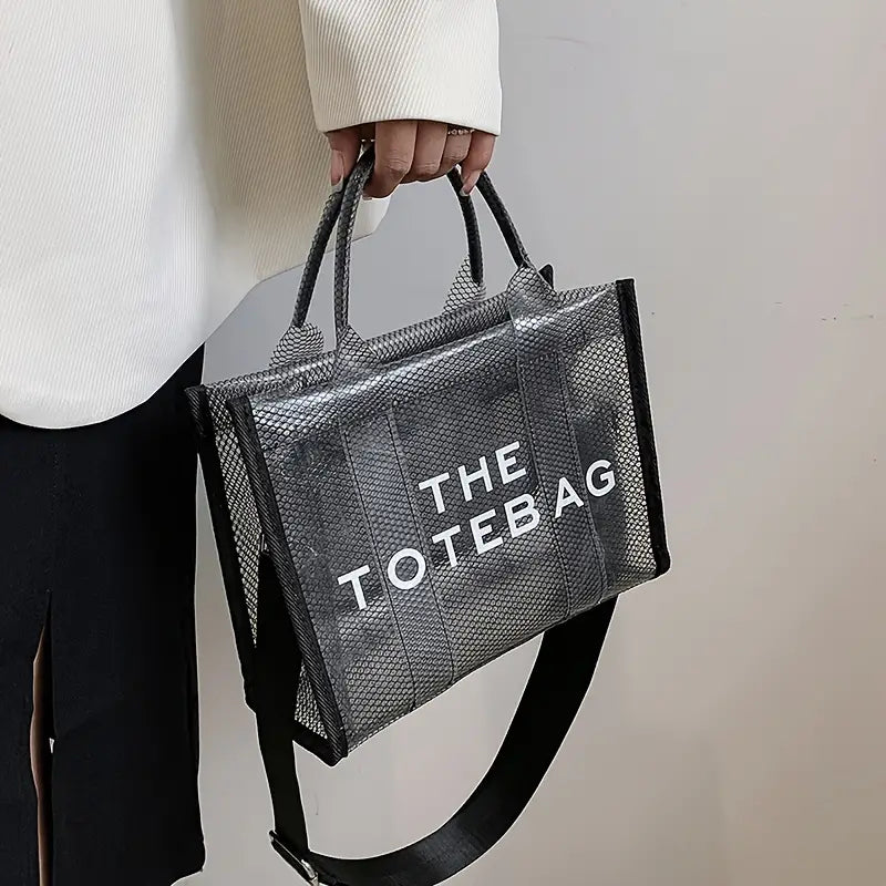 THE TOTE BAG, Clear Mesh Design PVC Handbag, Fashion Summer Beach Bag for Vacation (Small)