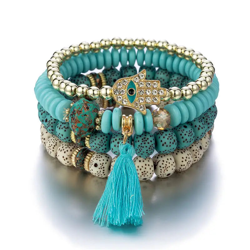 Fringe Palm Eye Pendant Multilayer Bracelet Set, Boho Bracelet Round Bead Bracelet Jewelry, 4pcs