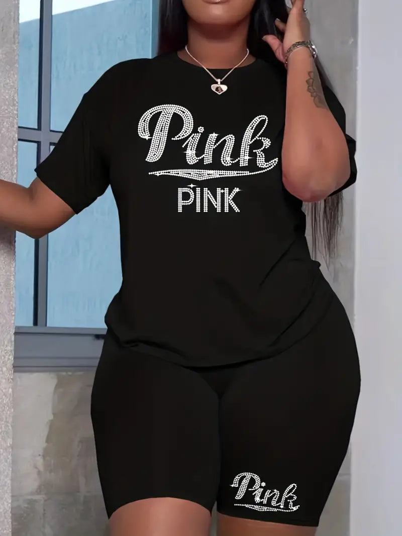 PINK Rhinestone Letter Print Casual Two-piece Set, Crew Neck Short Sleeve T-shirt & Workout Bodycon Shorts Set