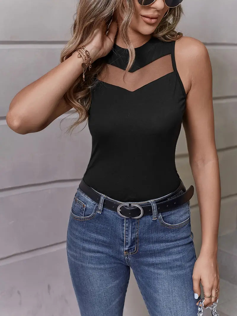 Mesh Solid Crew Neck Sleeveless Tank Top