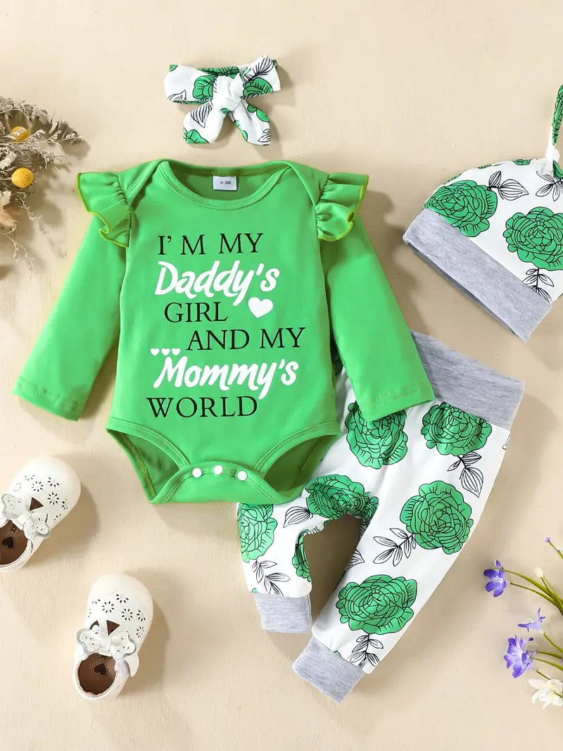 I'M MY DADDY'S GIRL AND MY MOMMY'S WORLD Baby Girl Clothes Baby Romper +Pants + Headband + Hat Outfit Set