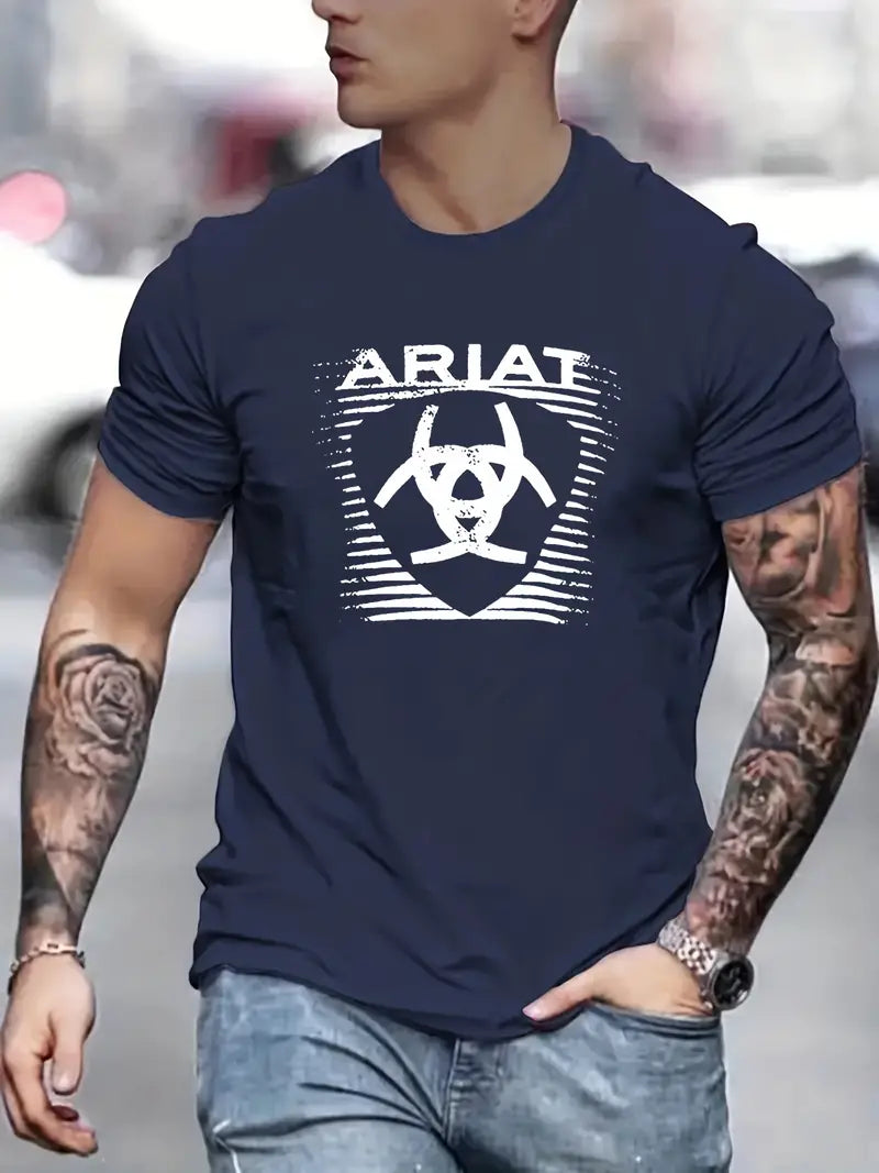 Men's ARIAT Print Trendy T-shirt, Crew Neck Short Sleeve Tops, Graphic Tee Men's Clothes Summer