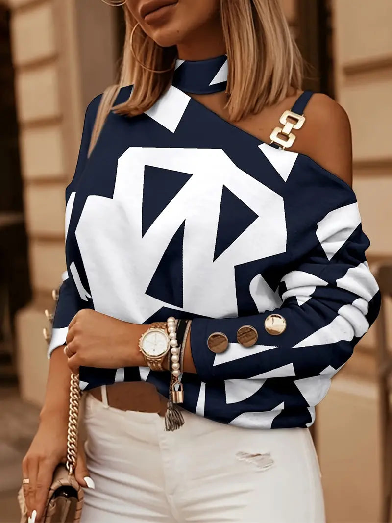 Color Block Off Shoulder Halter Neck Pullover, Long Sleeve Blouse