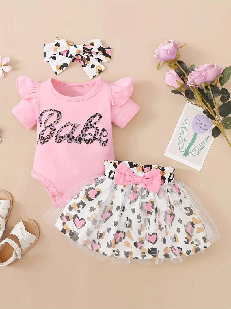 "Babe” Baby Girls Cotton Ruffle Short Sleeve Bodysuit + Matching Mesh Skirts + Headband with Leopard Print Baby Clothes