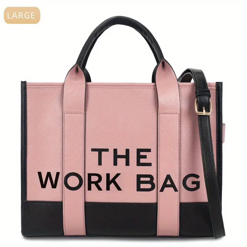 "THE WORK BAG" Two Tone Tote Bag, Letter Print Crossbody PU Leather Handbag - iPad, Chromebook and Tablet Carriers