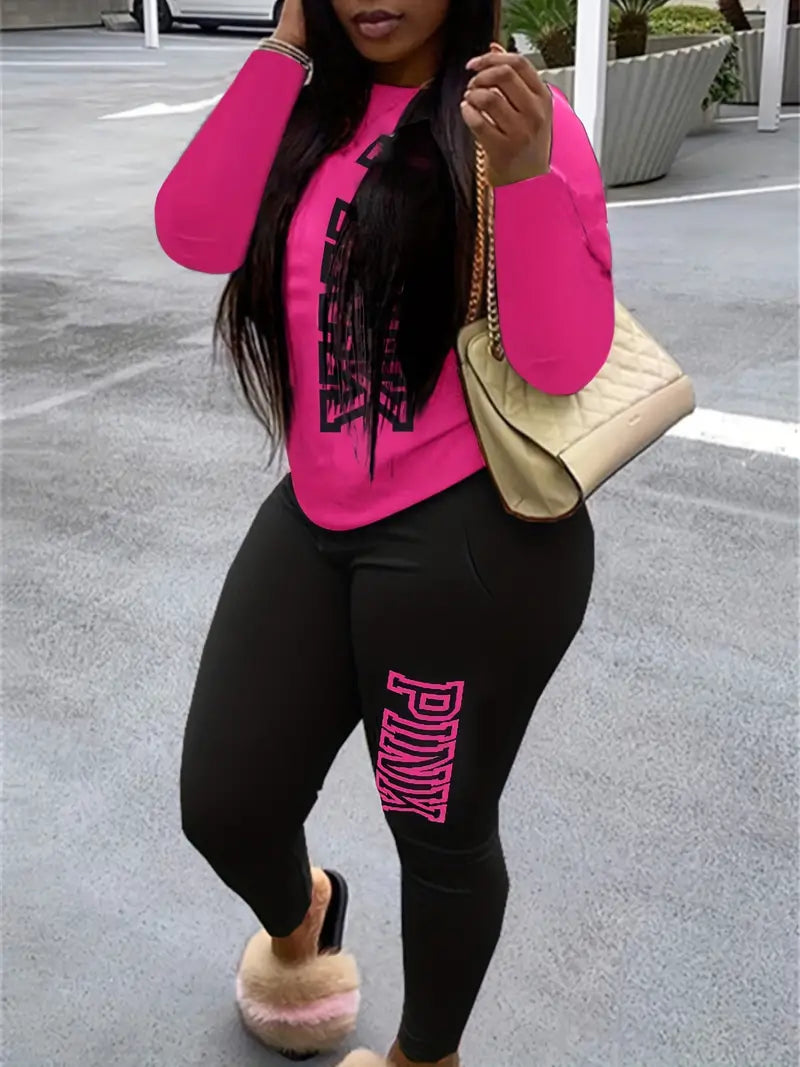 PINK - Casual Letter Print, Long Sleeve Tops & High Waist Long Length Pant Set