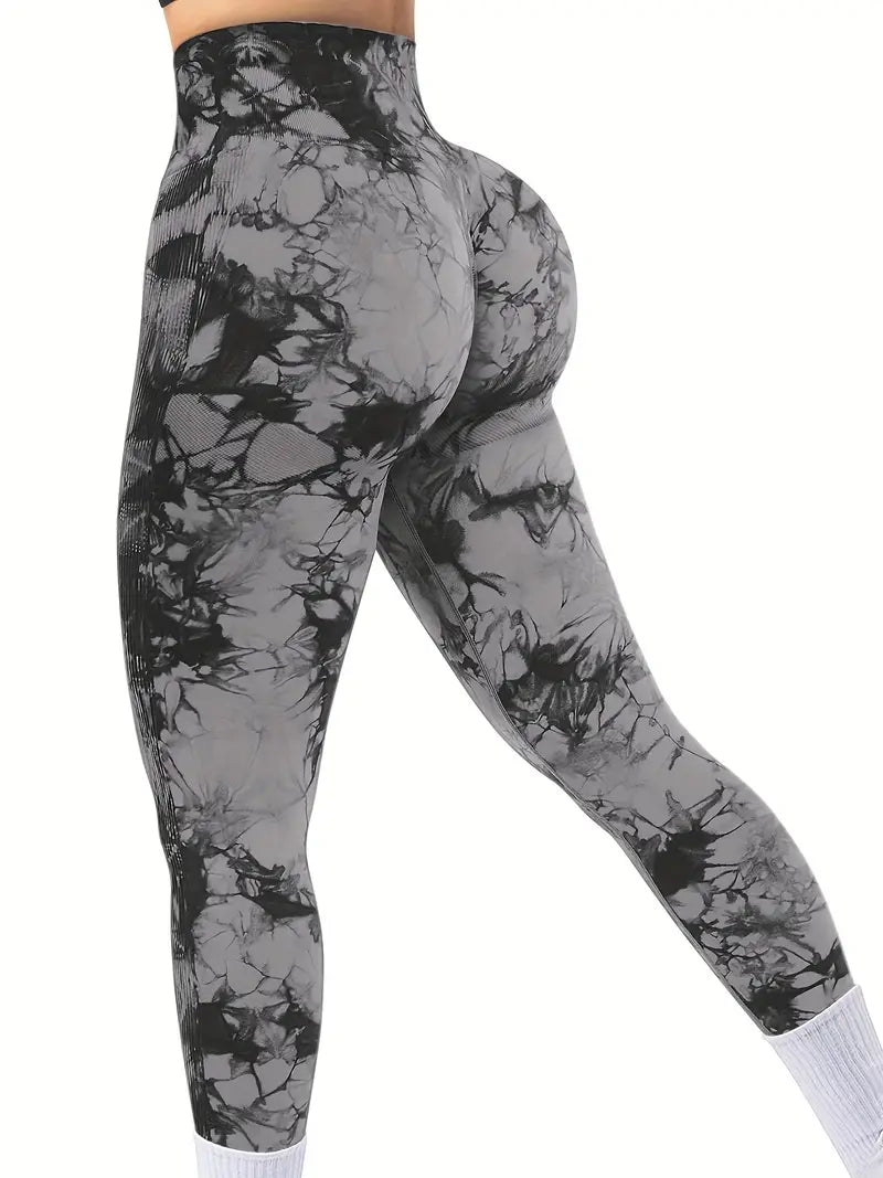 Butt-Lifting Fitness Yoga Pants, Stretchy High Waist Slimming Leggings, Marble / Tie Dye Pattern