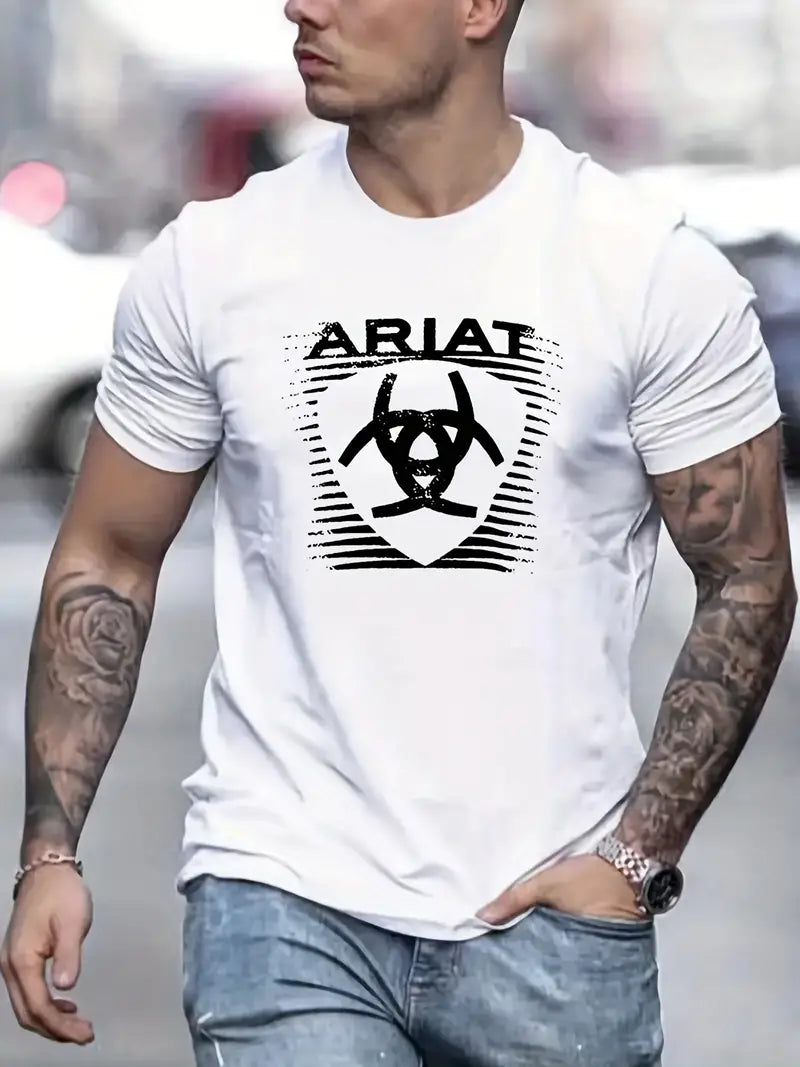 Men's ARIAT Print Trendy T-shirt, Crew Neck Short Sleeve Tops, Graphic Tee Men's Clothes Summer