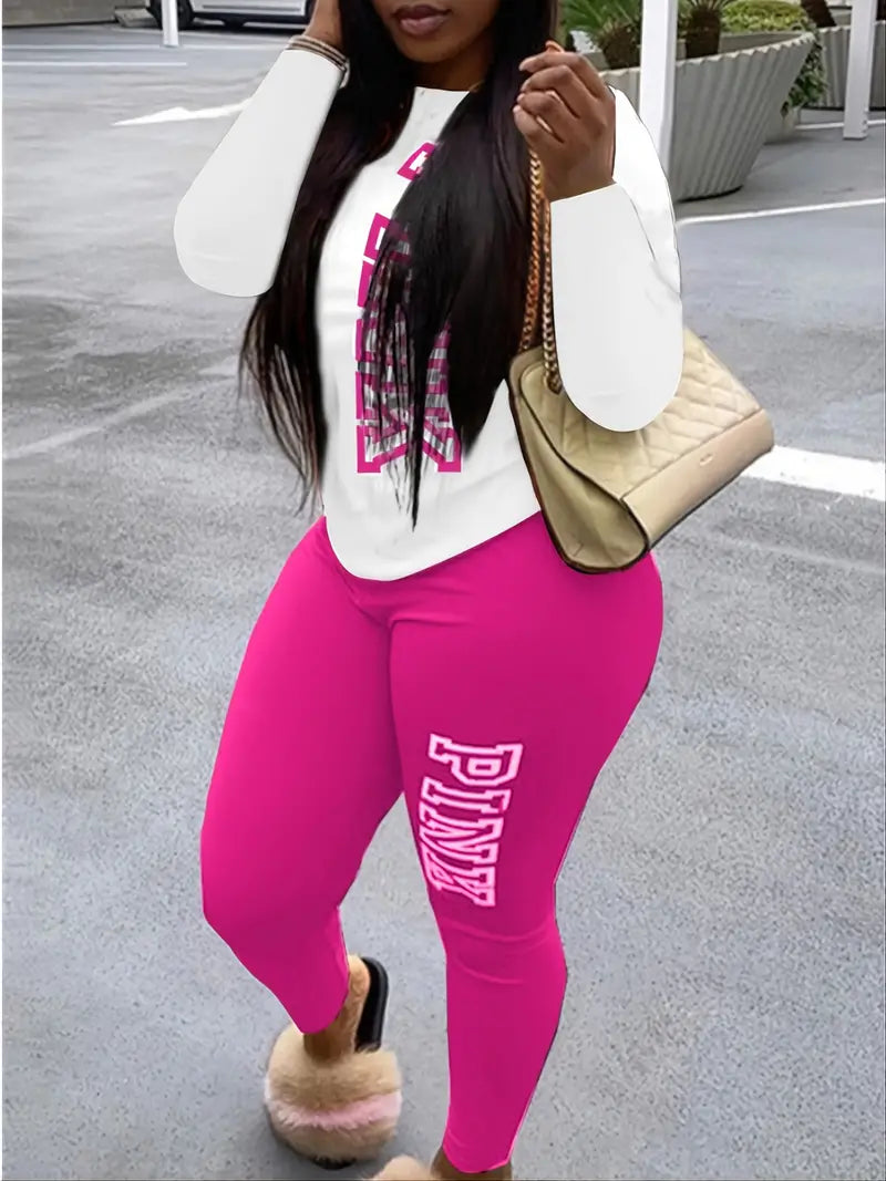 PINK Plus Size Letter Print Long Sleeve Top & Legging Set, Women's Plus Slight Stretch 2pcs Set Outfits