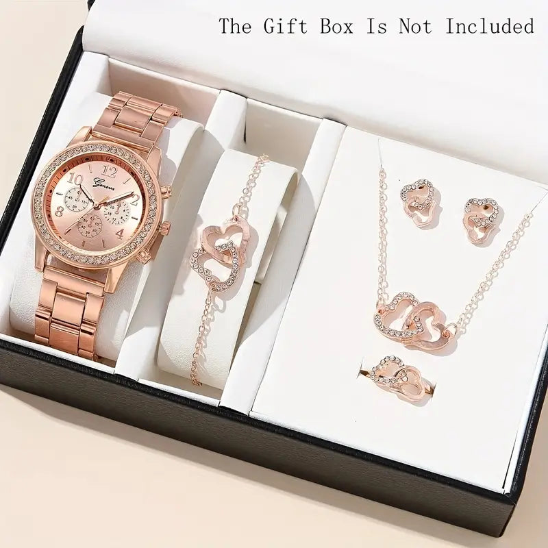6-Piece Set: Women's Quartz Watch & 5 Heart-Shaped Rhinestone Jewelry Pieces