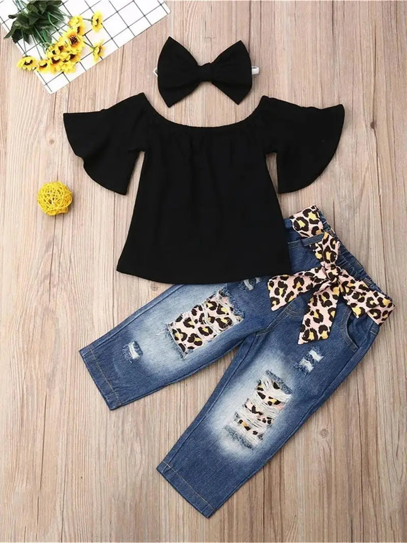Toddler Girls Off Shoulder Top & Jeans with Leopard Belt & Headband 4pcs/set