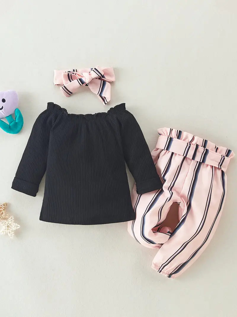 Off-The-Shoulder Long-Sleeve Top & Stripes Pants & Headband Set 3pcs Baby Girls
