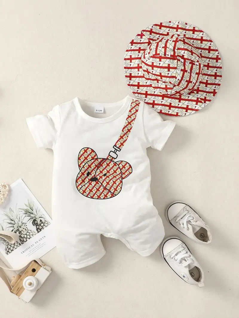 Baby Boys Cartoon Bear Print Romper & Hat Set for Summer