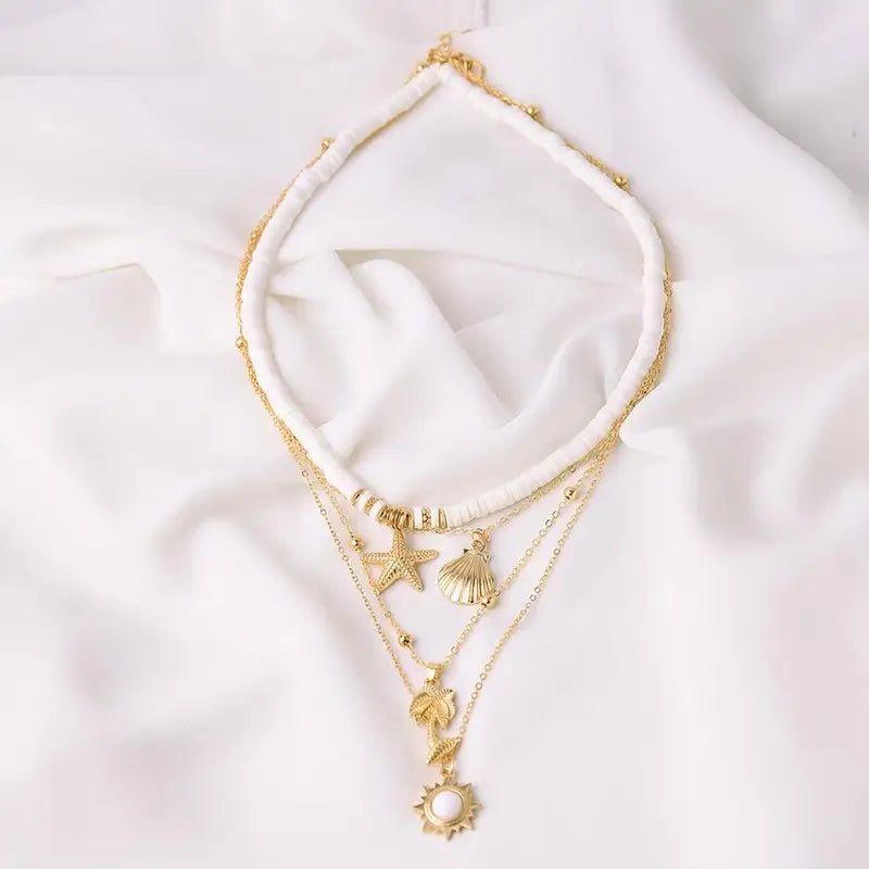 1pc Beach Starfish, Seashell, Palm Tree, and the Sun Pendant Layered Necklace Women's Fine Spiritual Jewelry