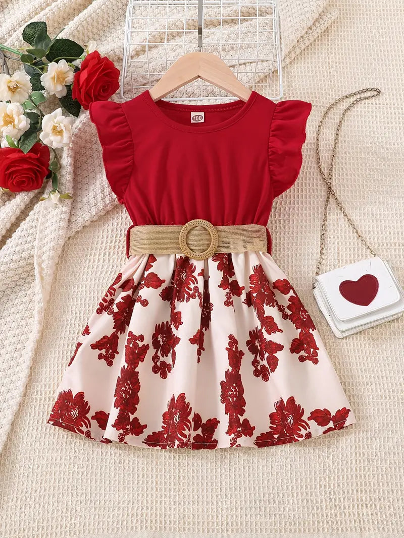 Sleeveless Ruffle Crew Neck Flowers Print Splicing Princess Dress with Belt, Kids Summer Clothes
