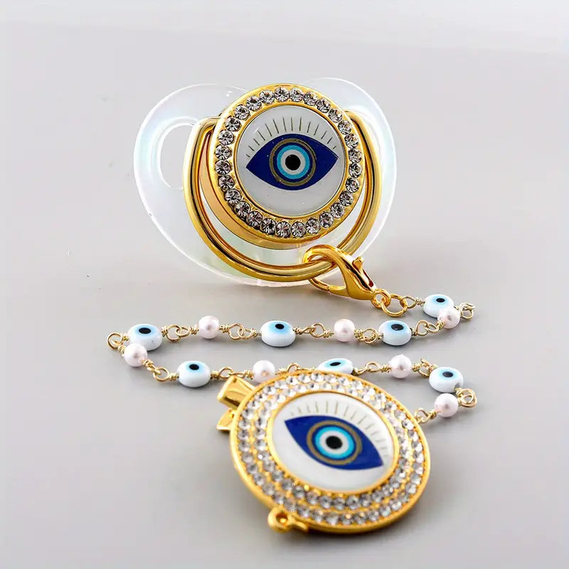 Evil Eye Transparent Pacifier with Pacifier Chain Clip