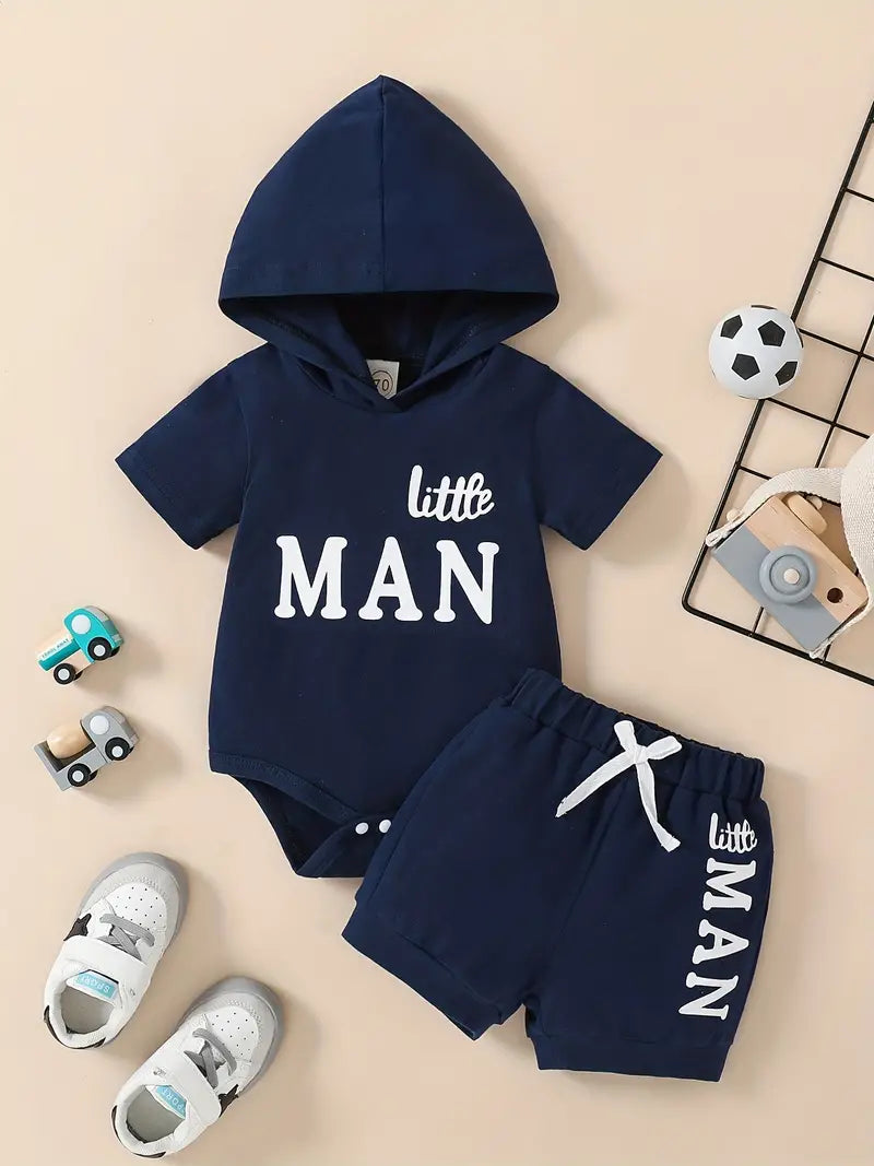 "LITTLE MAN" Baby Boys Short Sleeve Hooded Onesie & Shorts Set Clothes, 2pcs