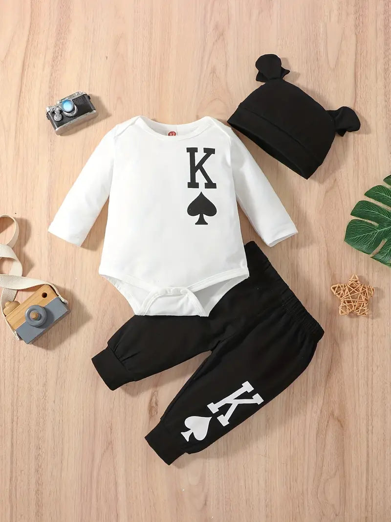 "K” Graphic Bodysuit Onesie Long Sleeve & Elastic Waist Graphic Pants & Hat Set, 3pcs Toddler