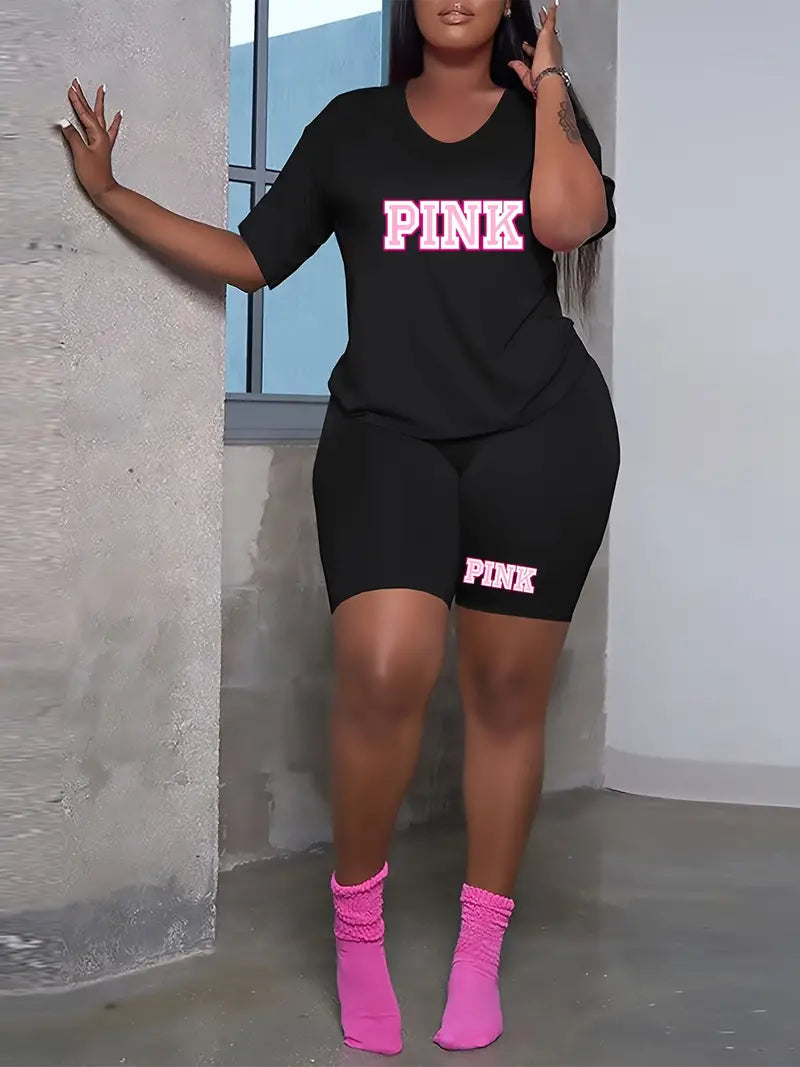 PINK - Women's Plus Letter Print Short Sleeve T-shirt & Biker Shorts 2pcs Set.