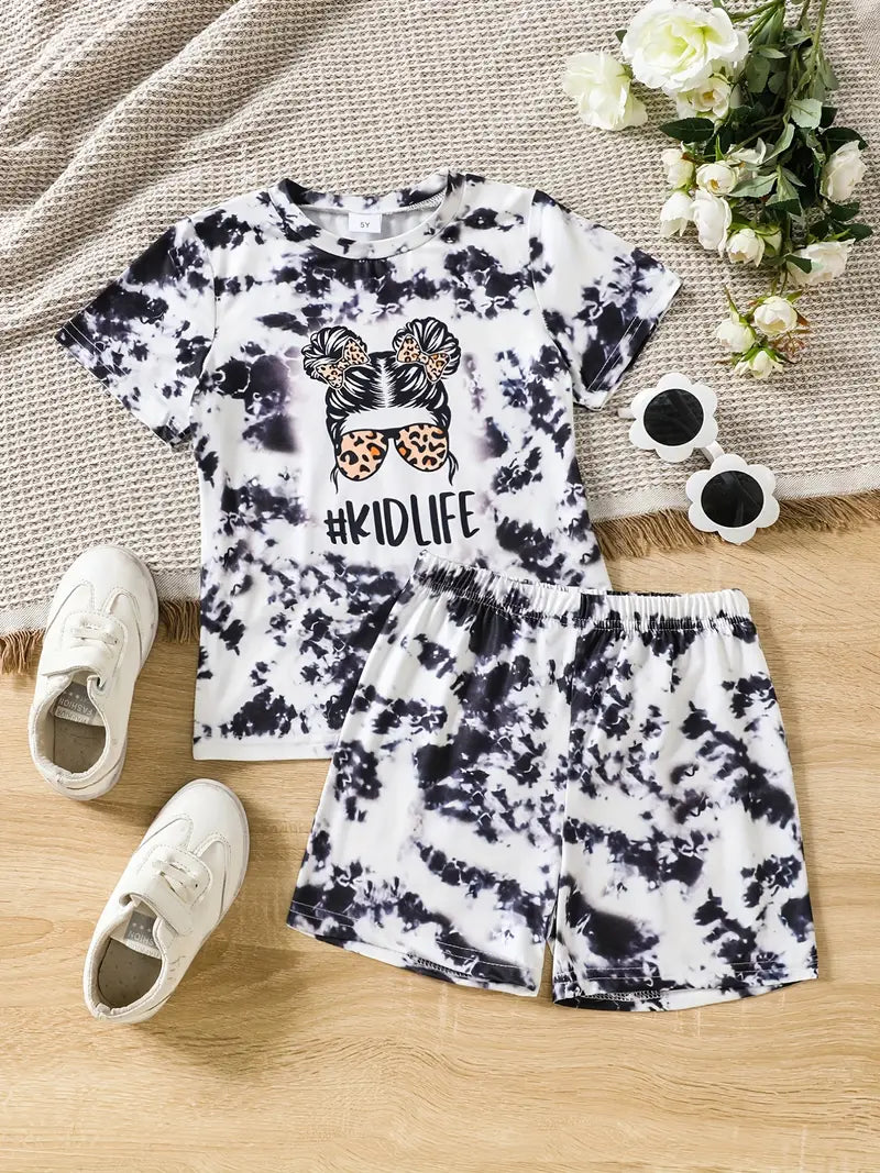 #KIDLIFE Tie Dye Short Sleeve Tee Top & Elastic Waist Shorts Set, 2pcs Girls Round Neck T-Shirt