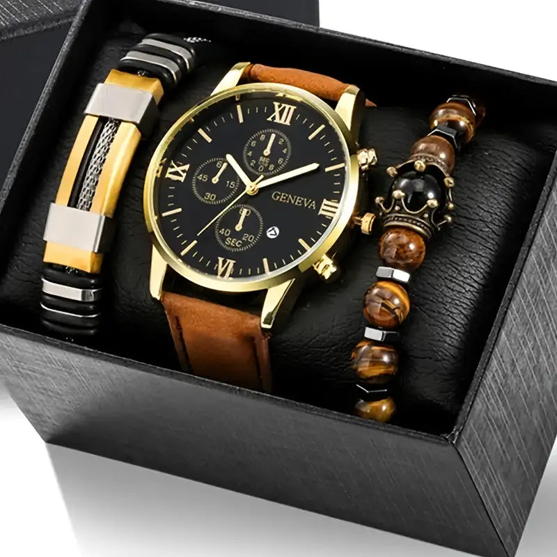 3pcs/set Men's Casual Analog Watches and Analog Bracelets, Chronograph Easy Wear Business Watches for Men, Beaded Bracelet Buckle Bracelet