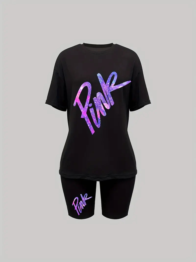 PINK Drop Shoulder Letter Print Short Sleeve Casual T-Shirt & Shorts 2pc Outfits for Spring & Summer, Women's Clothing