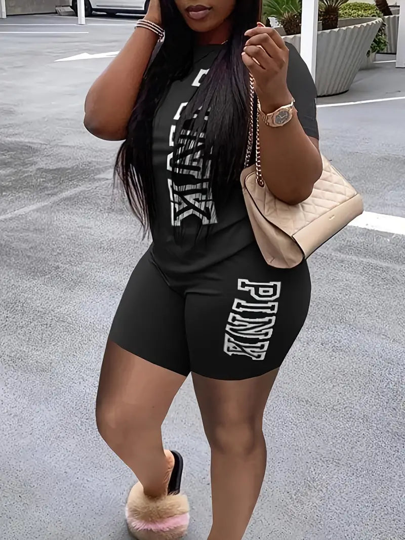 PINK - Women's Plus Letter Print Short Sleeve T-shirt & Biker Shorts 2pcs Set.