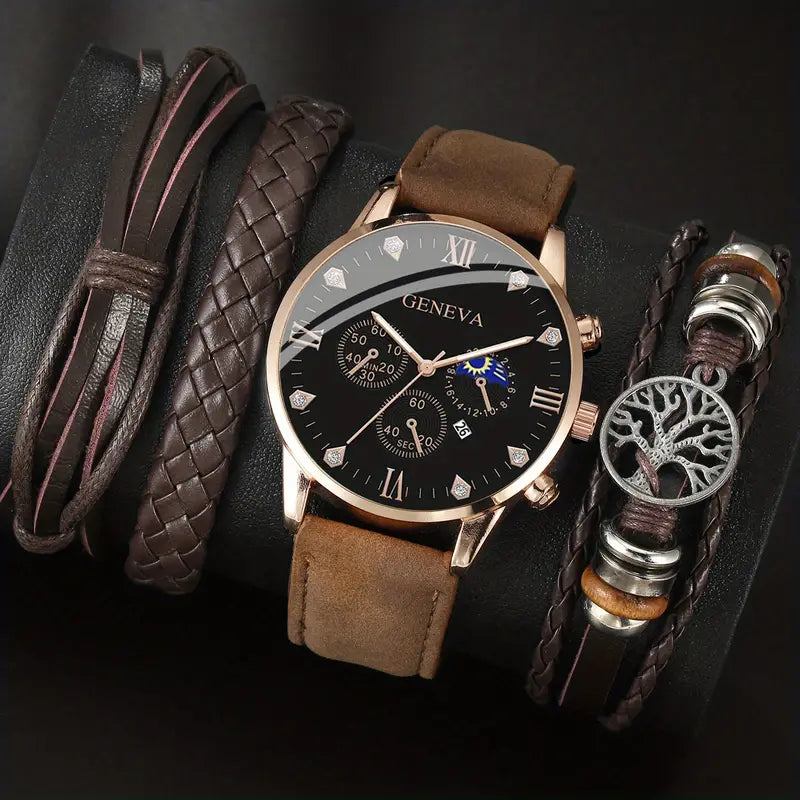 Men's Fashion Simple Belt Calendar Business Watch+3pcs Bracelet Life Tree Set