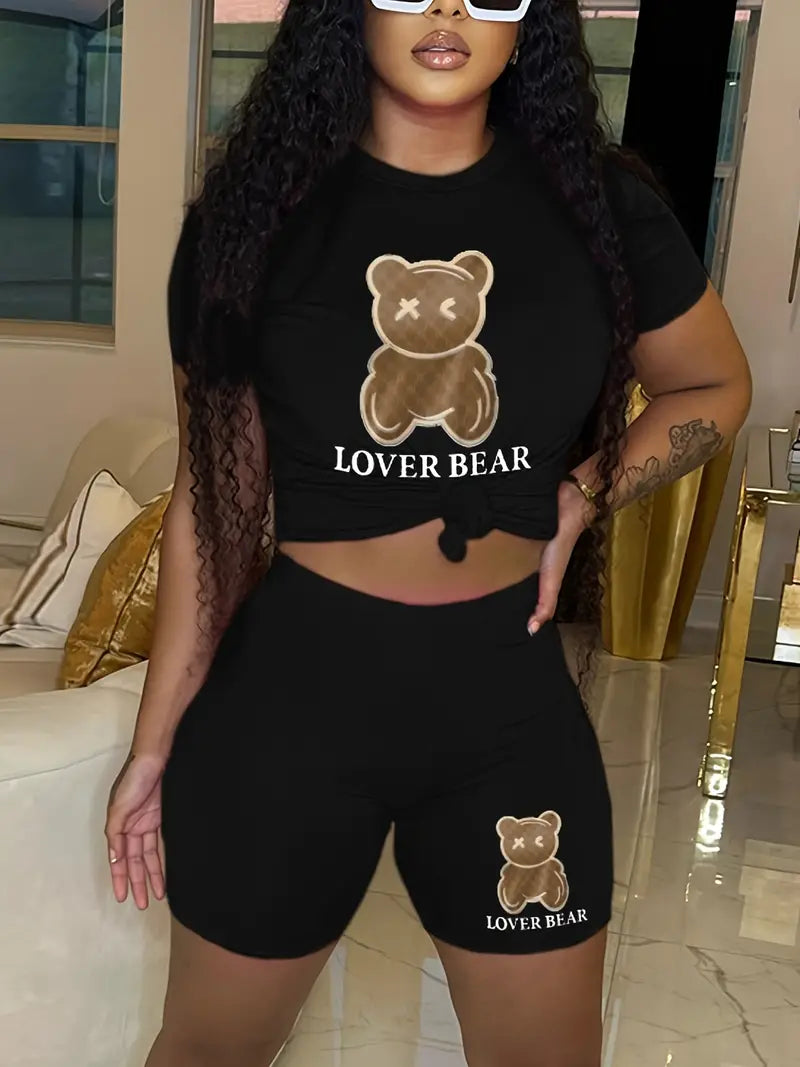 Cute Bear Print Two-piece Set, Casual Short Sleeve T-shirt & High Waist Shorts Outfit