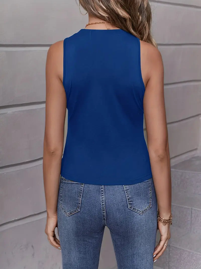 Mesh Solid Crew Neck Sleeveless Tank Top