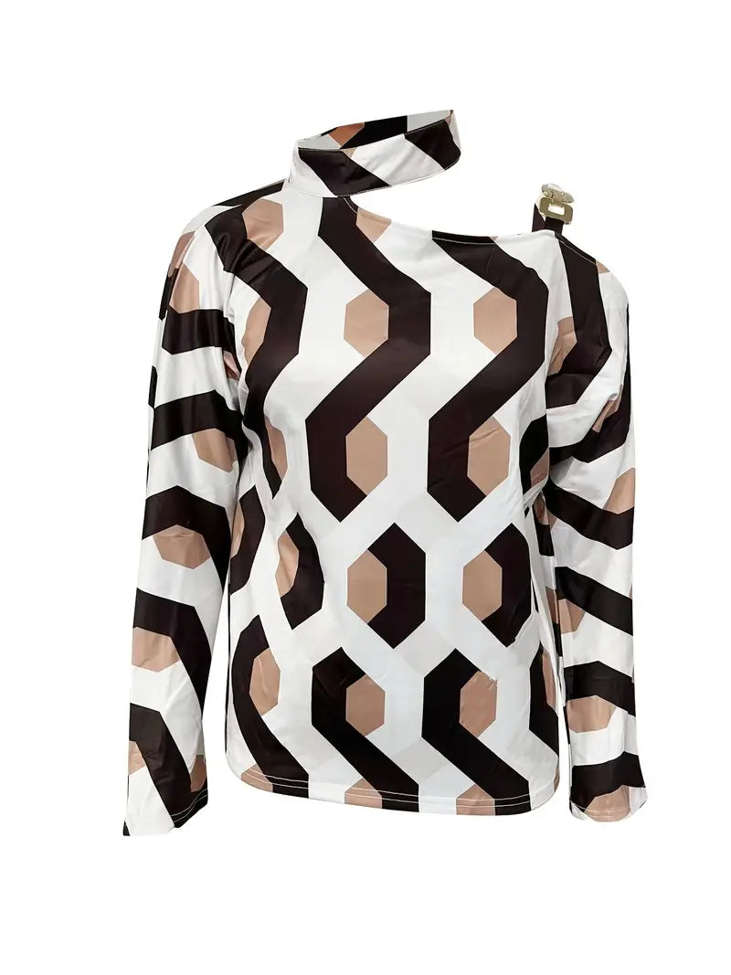 Color Block Off Shoulder Halter Neck Pullover, Long Sleeve Blouse