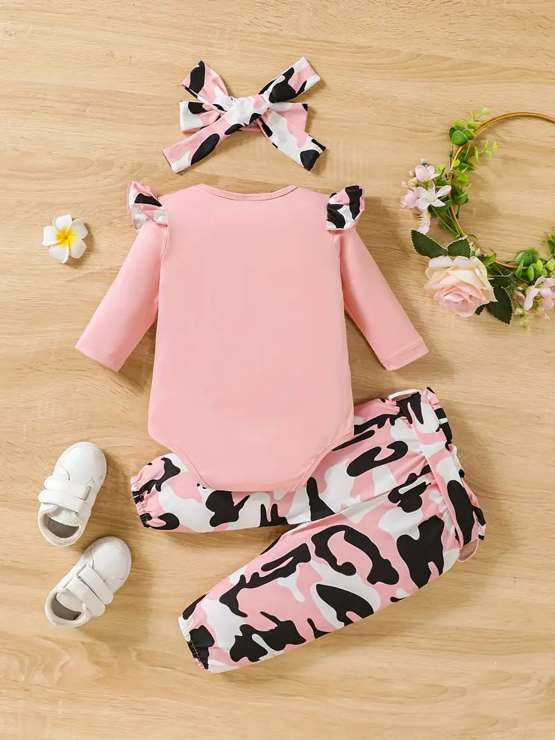 "Sorry DADDY" Print & Camouflage Print Pants & Bow Headband Set, Baby Girls Cute Casual Romper