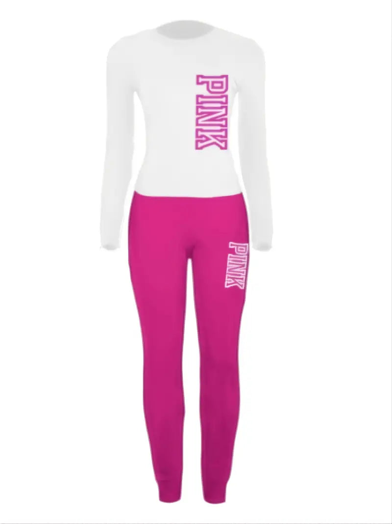 PINK Plus Size Letter Print Long Sleeve Top & Legging Set, Women's Plus Slight Stretch 2pcs Set Outfits