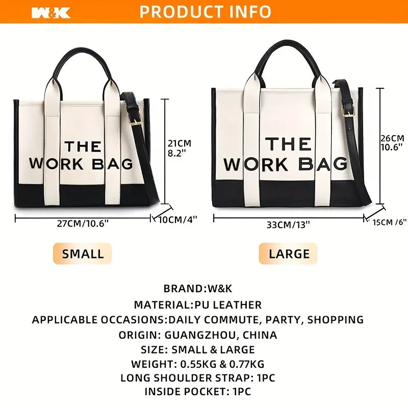 "THE WORK BAG" Two Tone Tote Bag, Letter Print Crossbody PU Leather Handbag - iPad, Chromebook and Tablet Carriers