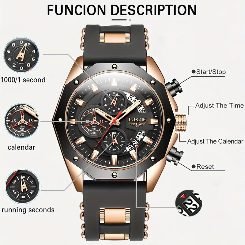 2023 LIGE Men Digital Military Waterproof Watch (Rose Golden Black)