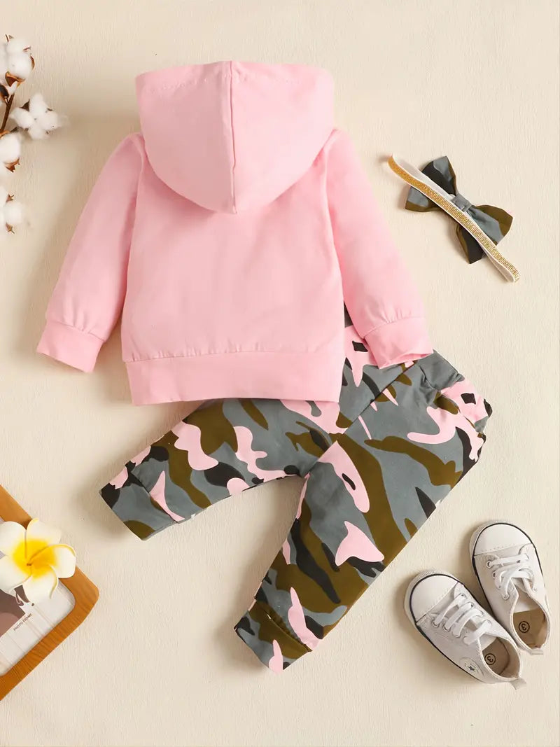 "Mommy's Little Girl" Camouflage Hooded Sweater + Hairband Three-piece Set, Baby Girls Casual Set