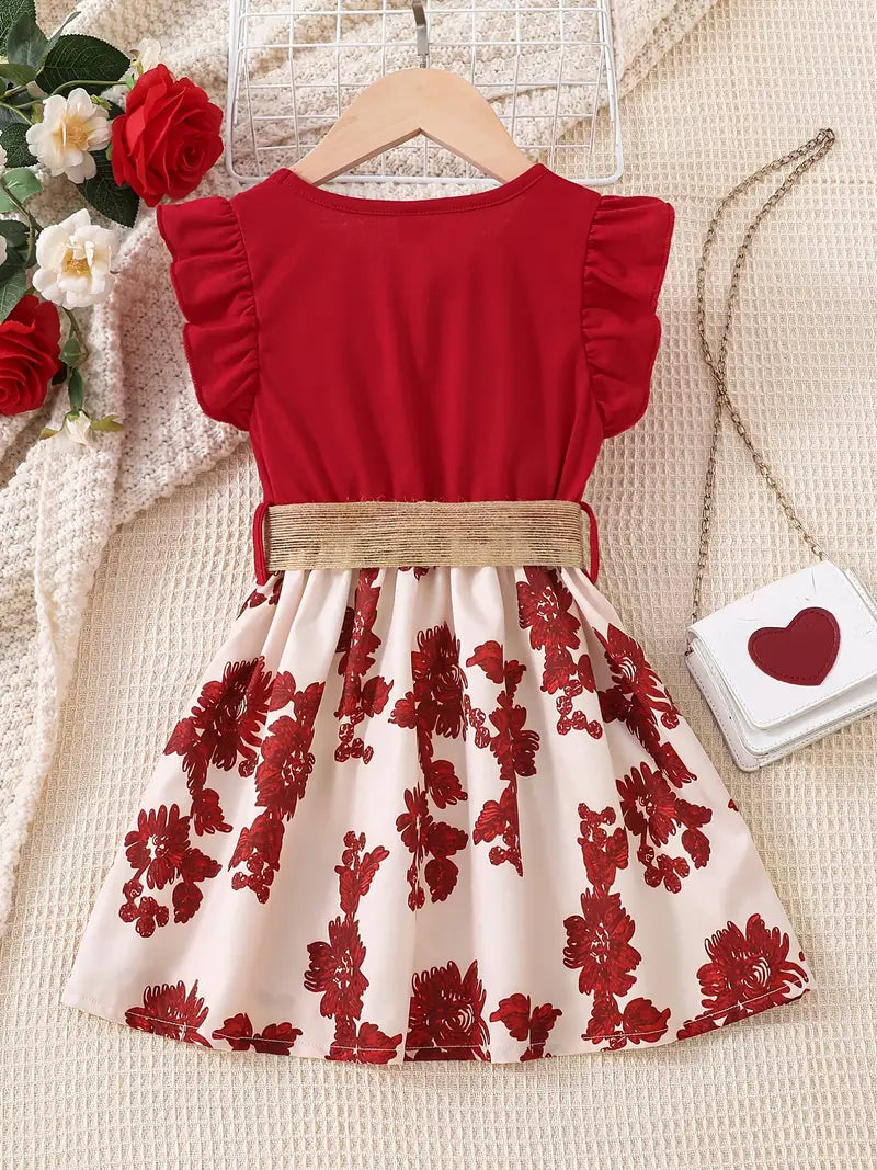 Sleeveless Ruffle Crew Neck Flowers Print Splicing Princess Dress with Belt, Kids Summer Clothes