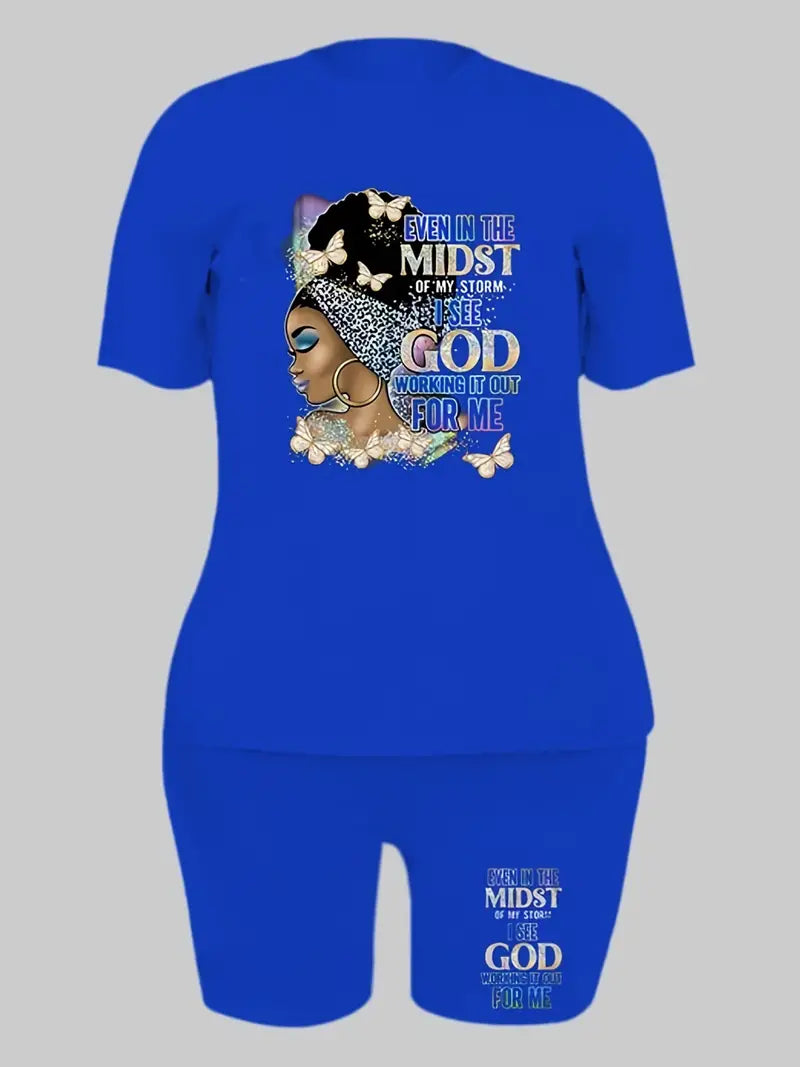 "Even in the Midst of my Storm I See GOD Working It Out for Me" - Butterfly & Letter Print Two-piece Set, Crew Neck Short Sleeve T-Shirt & Shorts 2pcs Outfit.