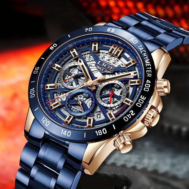 LIGE Waterproof Watch for Men Top Brand Luxury Men Watch Fashion Business Sports Quartz Chronograph Wristwatches Hollowed Out Chronograph Watch