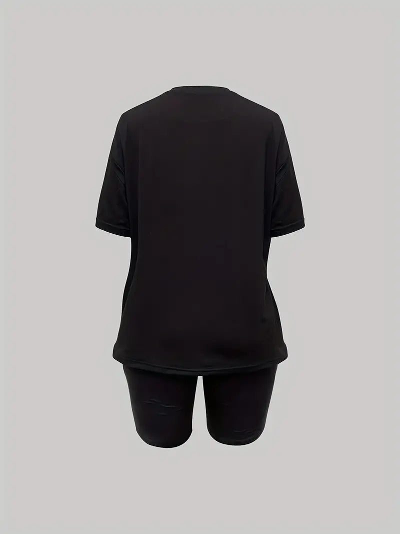 PINK Drop Shoulder Letter Print Short Sleeve Casual T-Shirt & Shorts 2pc Outfits for Spring & Summer, Women's Clothing