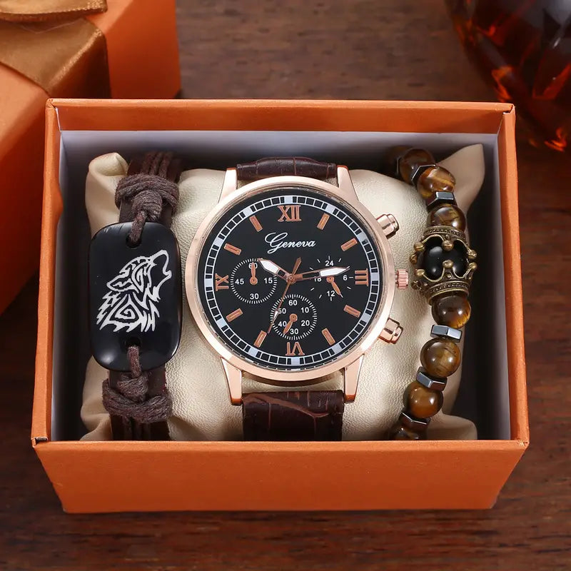 3pcs/set Men's Casual Analog Watch and Classic Bracelets Set (1 Watch+2 Bracelets with Wolf)
