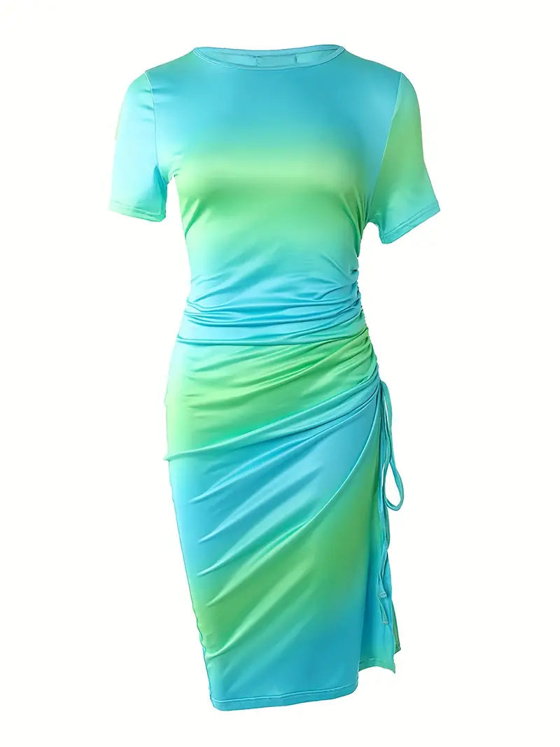 Ombre Print Bodycon Dress, Random Print Short Sleeve Drawstring Casual Dress for Summer & Spring, Women's Clothing
