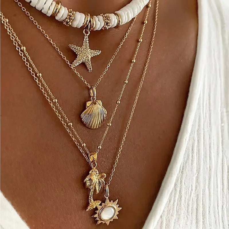 1pc Beach Starfish, Seashell, Palm Tree, and the Sun Pendant Layered Necklace Women's Fine Spiritual Jewelry