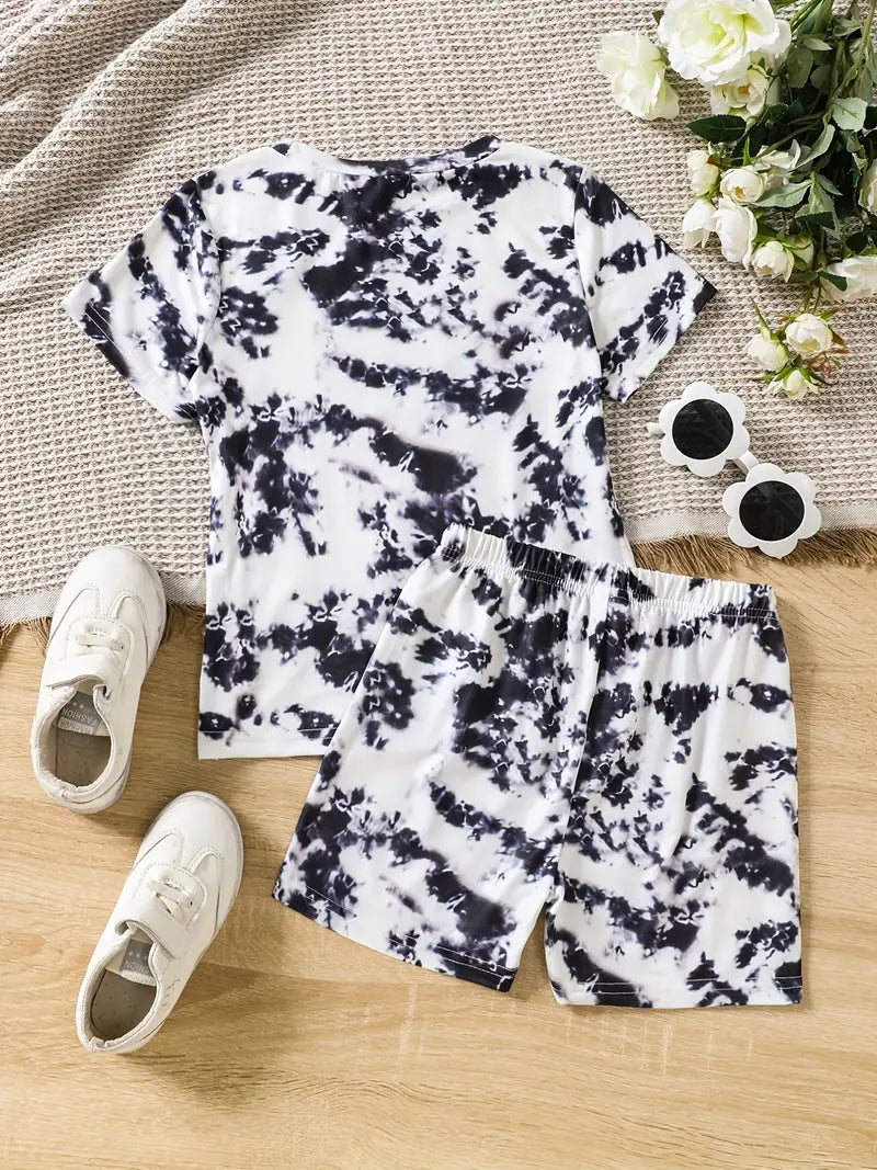 #KIDLIFE Tie Dye Short Sleeve Tee Top & Elastic Waist Shorts Set, 2pcs Girls Round Neck T-Shirt