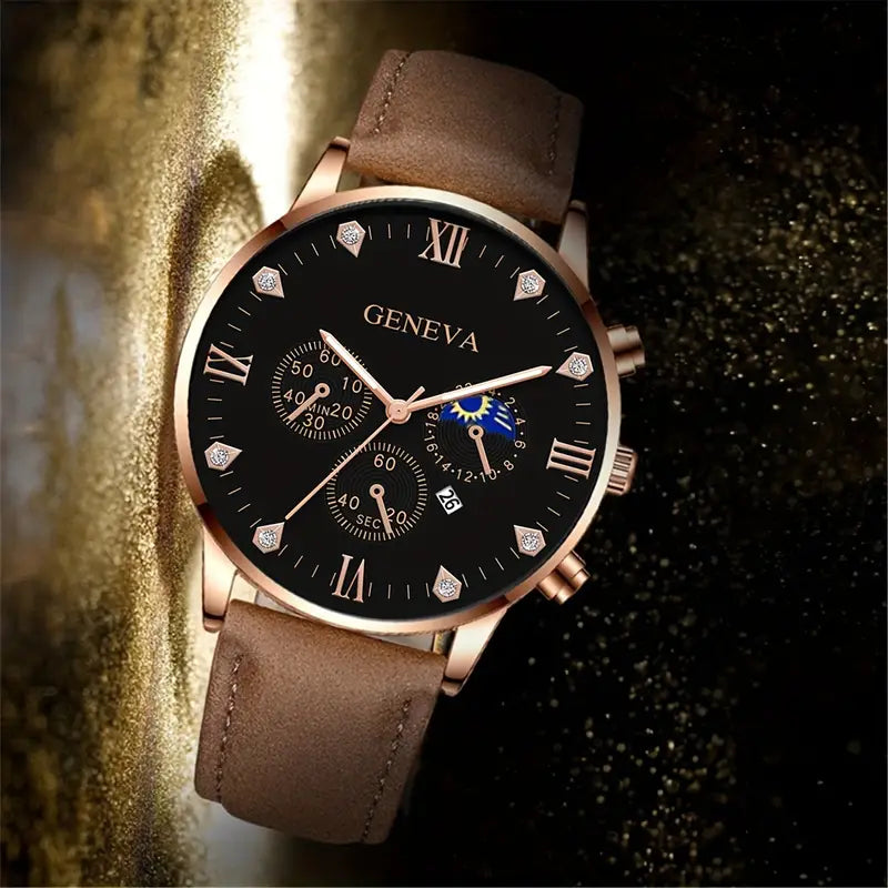 Men's Fashion Simple Belt Calendar Business Watch+3pcs Bracelet Life Tree Set