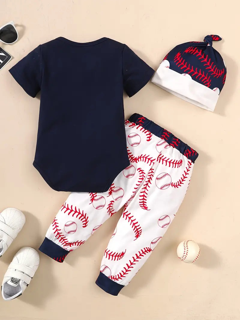 "GOING HOME" Graphic Bodysuit Onesies & Elastic Waist Baseball Graphic Pants & Hat Set, 3pcs Toddler