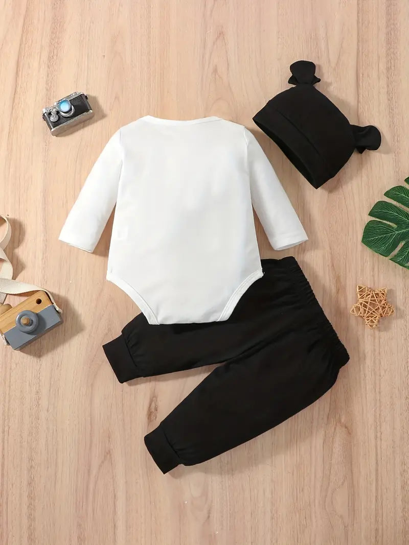 "K” Graphic Bodysuit Onesie Long Sleeve & Elastic Waist Graphic Pants & Hat Set, 3pcs Toddler