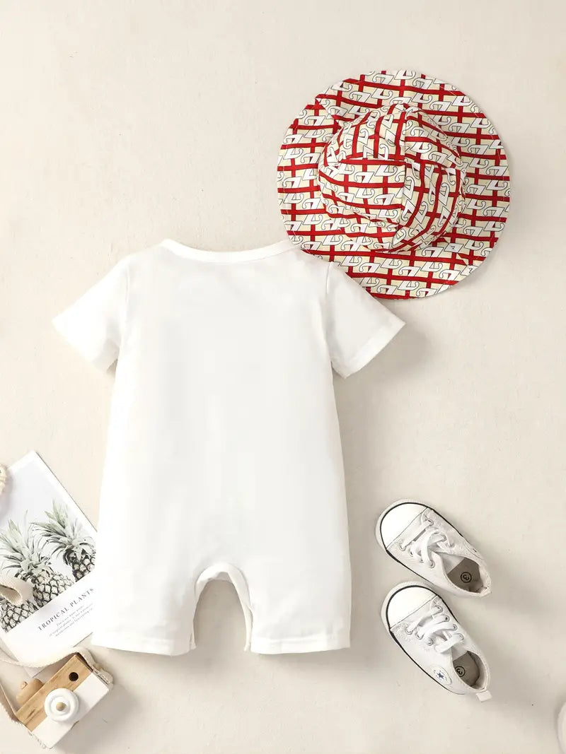 Baby Boys Cartoon Bear Print Romper & Hat Set for Summer