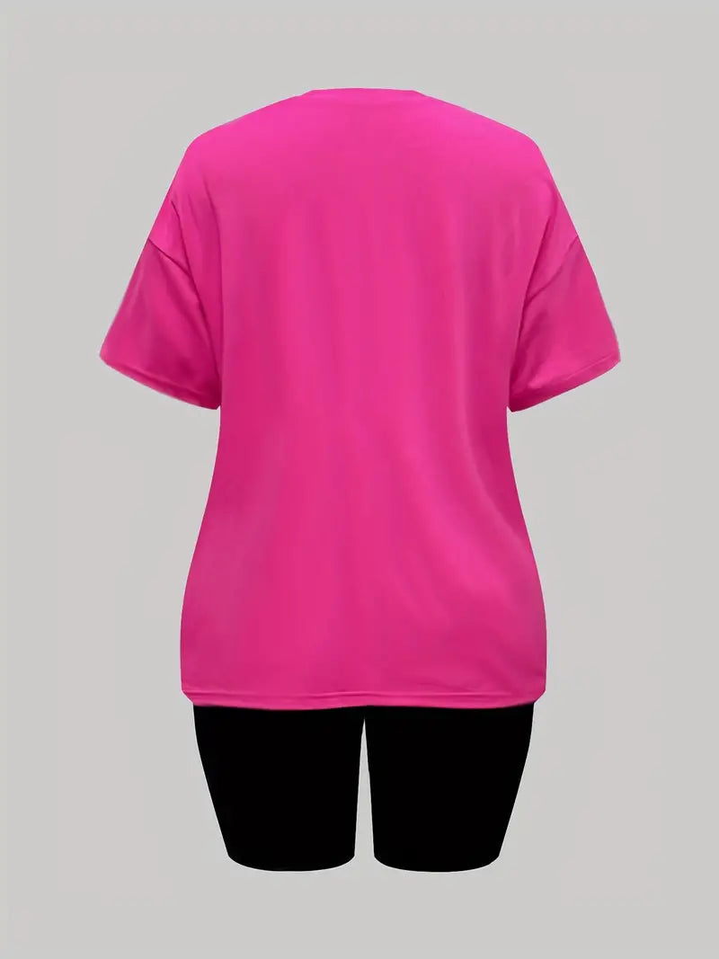 PINK - Letter Print, Short Sleeve Drop Shoulder Casual T-Shirt & Shorts 2pc Outfit.